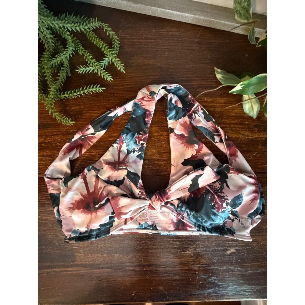 Albion Bronte Pink Floral Hibiscus Halter Bikini Top Swimwear Size XS